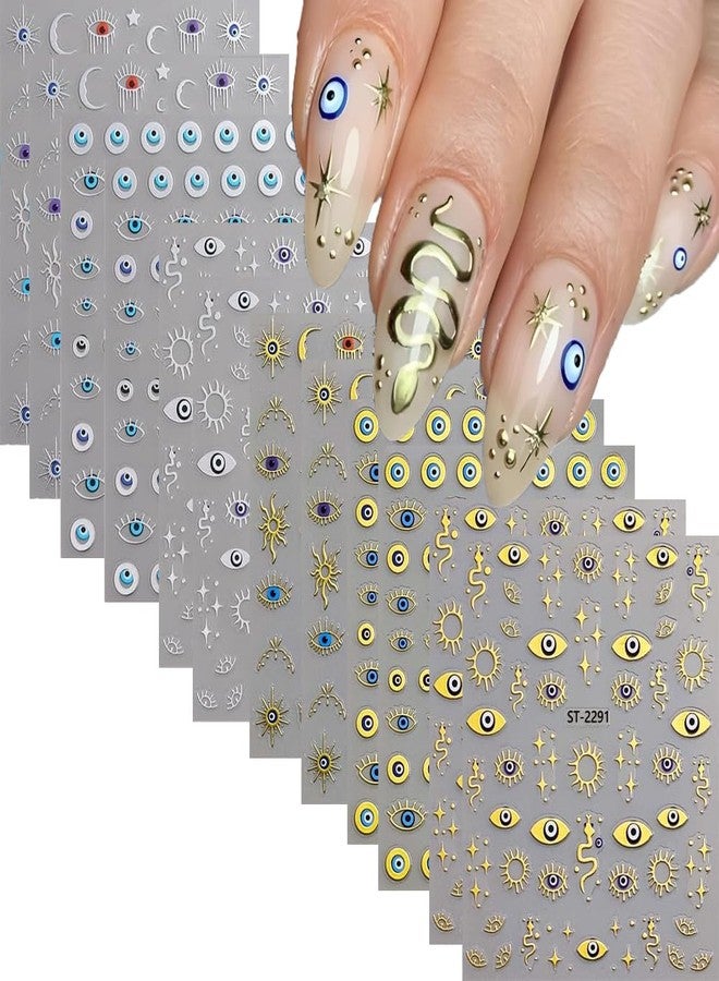 SPLOCUDU 12 Sheet Gold Eye Nail Stickers Decals 3D Self Adhesive Goth Nails Decals Gold Silver Sun Star Nail Art Stickers Metallic Snake Horror Eye Gothic Design Sticker for Women Manicure Decoration - Image 1